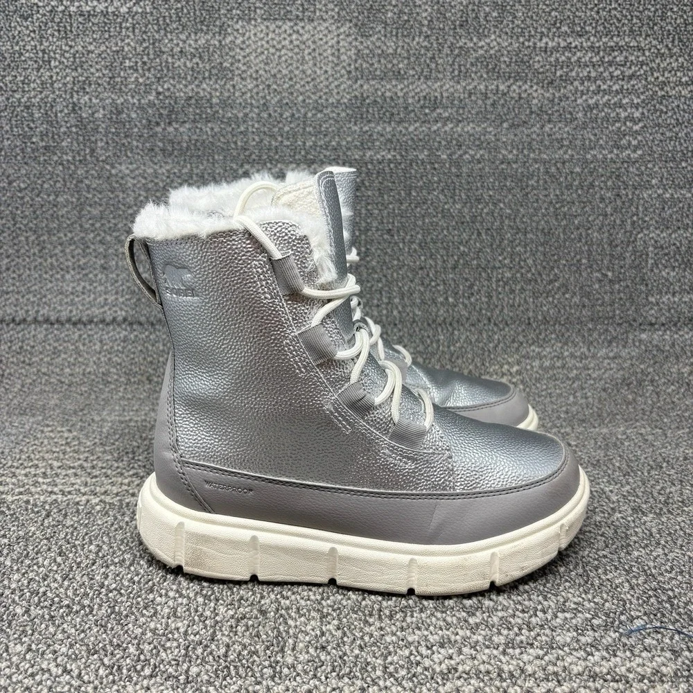 Sorel Explorer III Lace Kids Size 3 Silver Waterproof Faux Fur Winter Boots